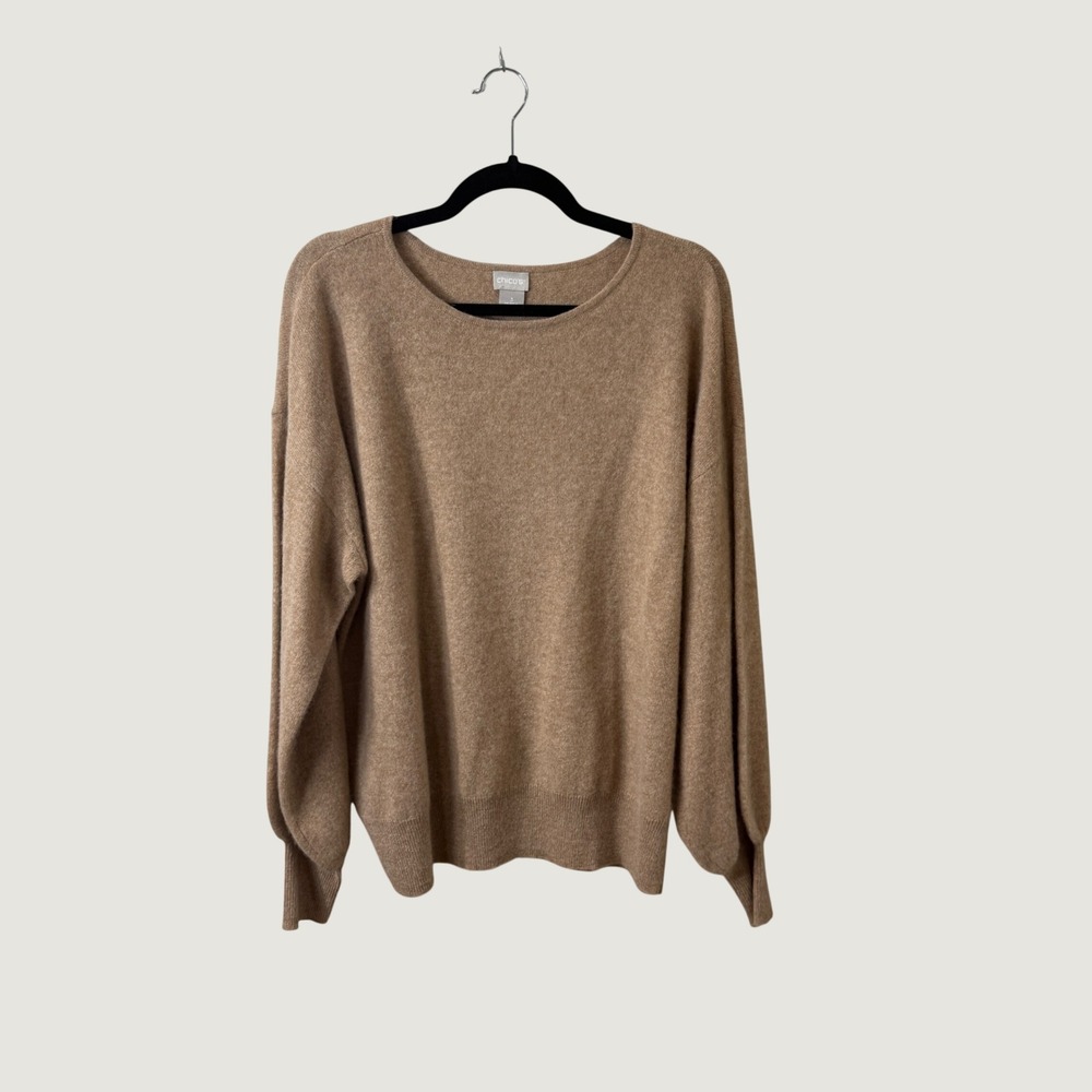 Chico's Cashmere Pullover Sweater Camel Tan XL 3 Minimalist Preppy Fall Layering